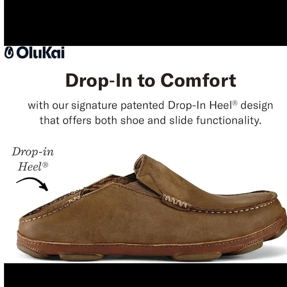 OluKai Moloa Slip On Shoes Dark Wood Leather Comfort Casual Loafers Mens 13